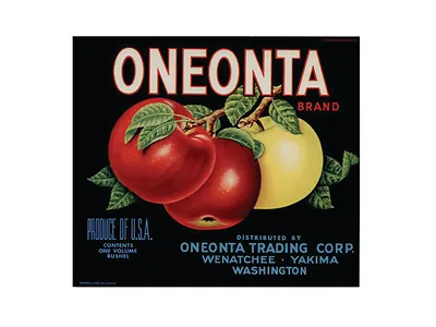 Oneonta Brand apple crate label, Wenatchee and Yakima, Washington