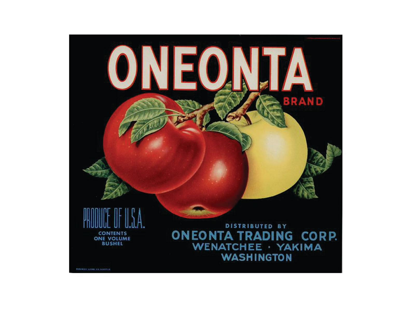 Oneonta Brand apple crate label, Wenatchee and Yakima, Washington — historic image