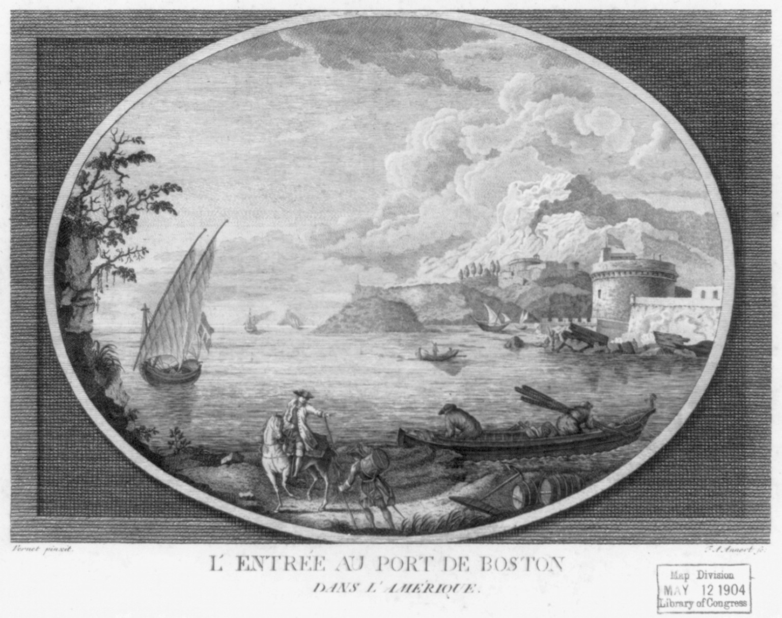 L'entrée au port de Boston - dans l'Amérique / Vernet pinxit ; F.A. Annert sc. — historic print