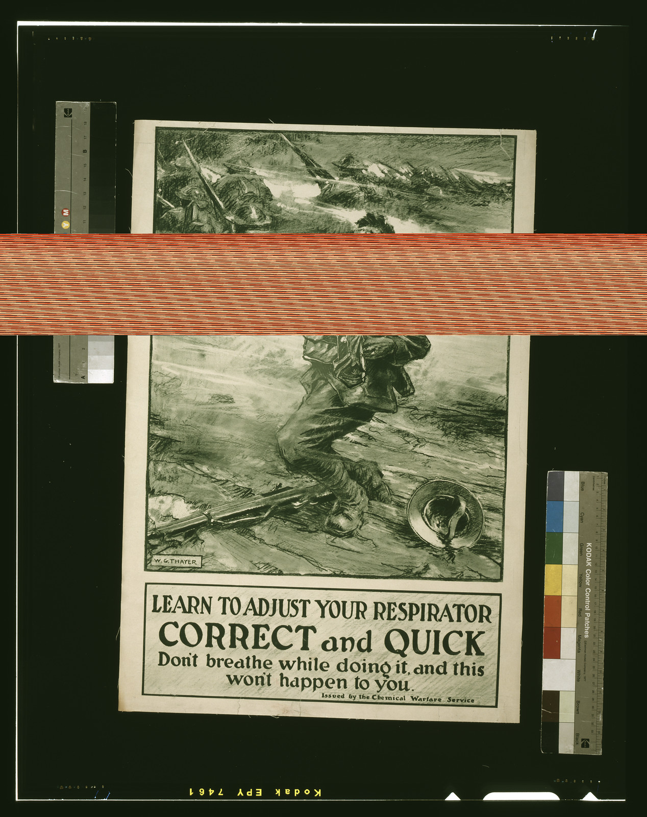 Learn to adjust your respirator correct and quick. Don't breathe while doing it, and this won't happen to you / W. G. Thayer., [S.l.] : Chemical Warfare Service, [1915] — vintage poster