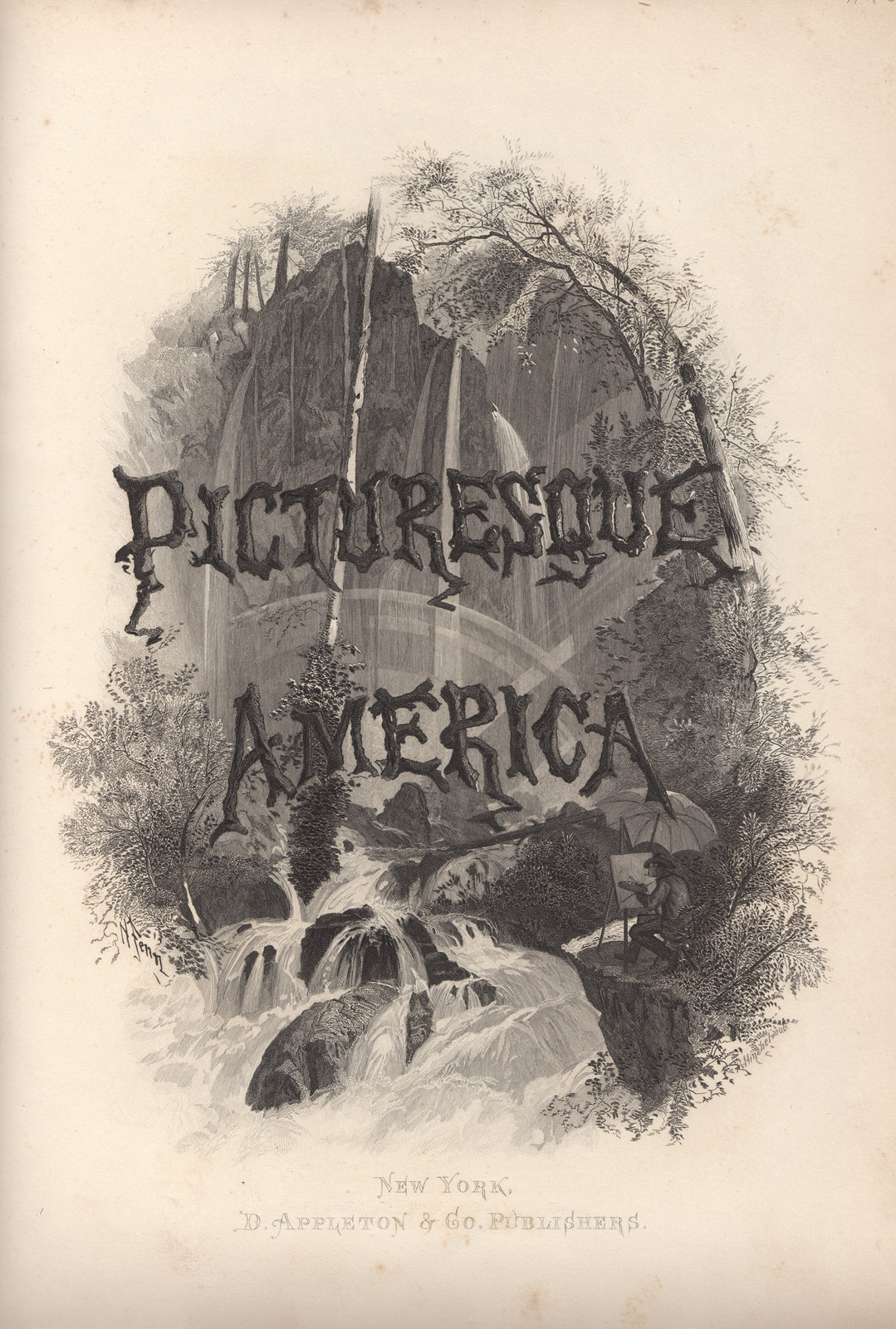 Picturesque America title page with waterfall engraving, New York, D. Appleton & Co. Publishers — antique engraving