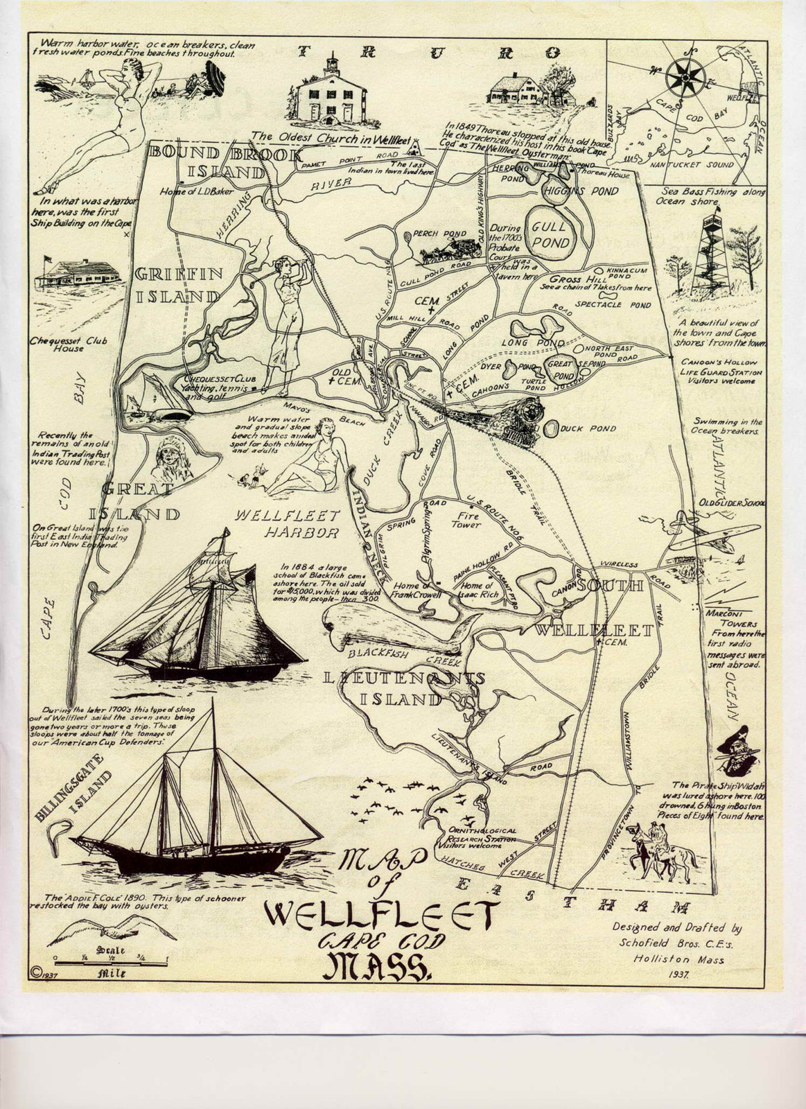 Wellfleet-1930 s-tourism, Massachusetts — antique map