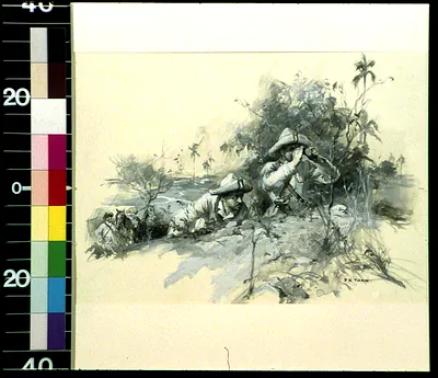 Two soldiers in tropical scrub, one using binoculars