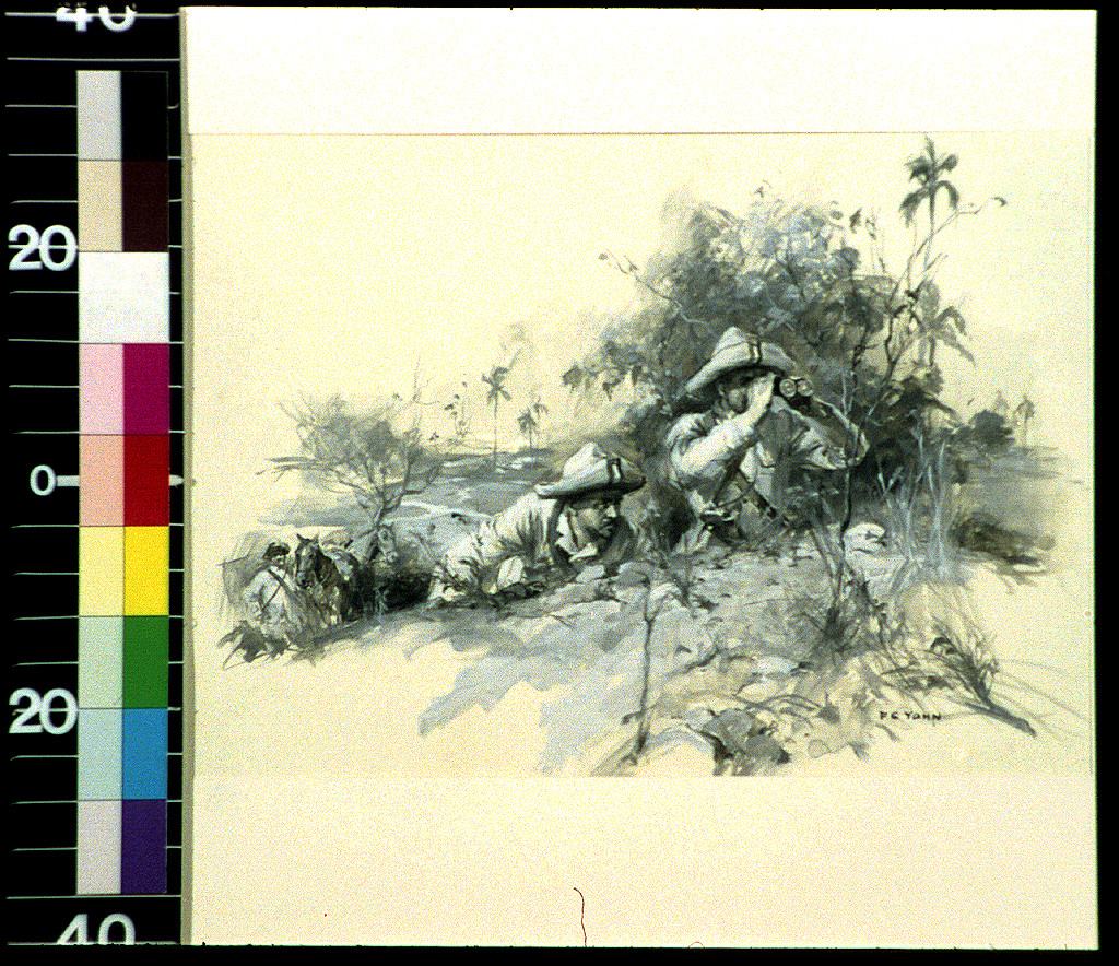 Two soldiers in tropical scrub, one using binoculars — historic image