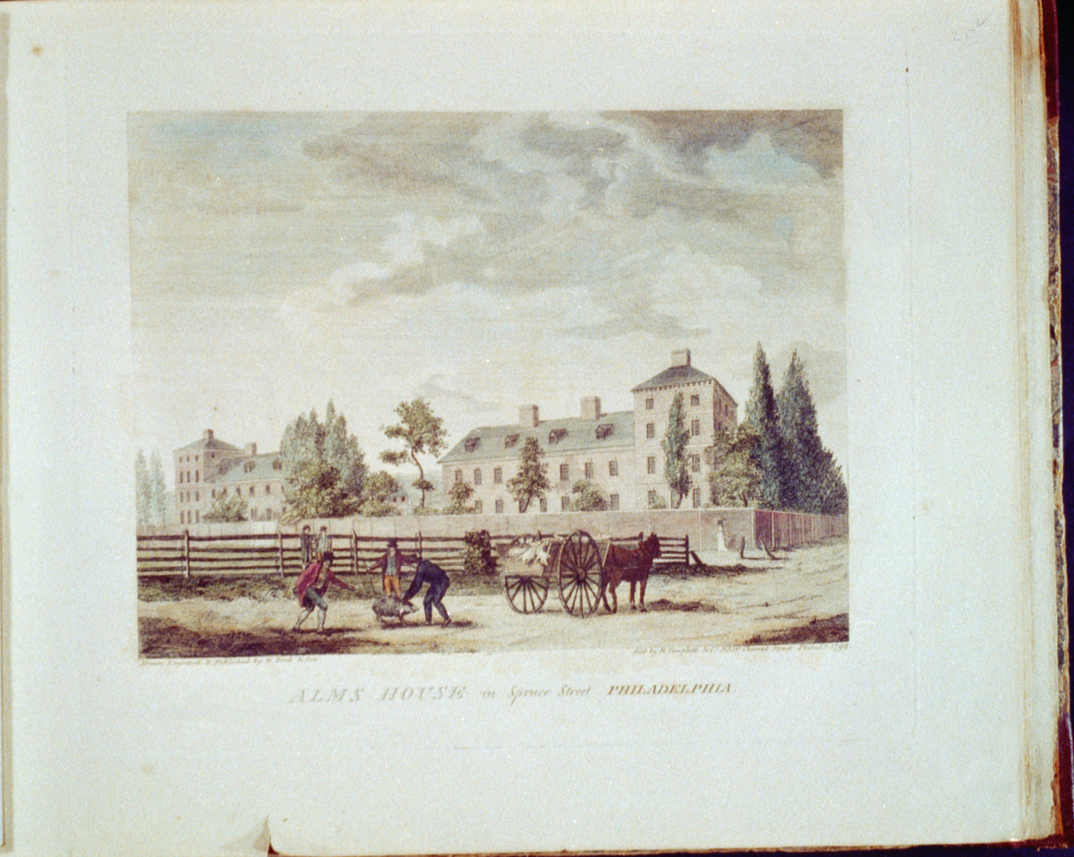 Alms House in Spruce Street, Philadelphia, 1800 — antique engraving