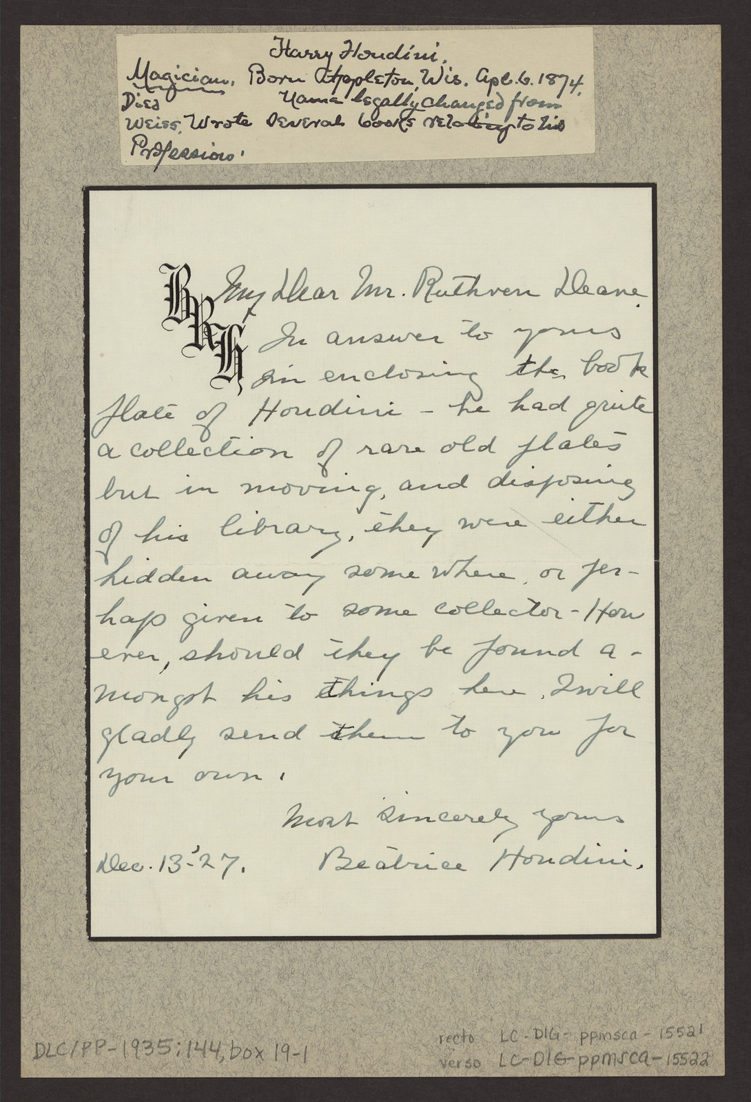 Handwritten letter from Beatrice Houdini to Ruthven Deane — historic image