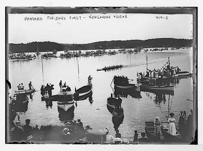 Freshman crew race, Harvard shell, winner, with spectators (Harvard-Yale), New London, Conn.