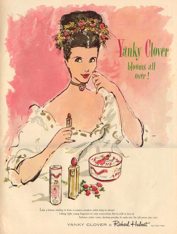 Yanky Clover perfume advertisement with woman and toiletries — historic image
