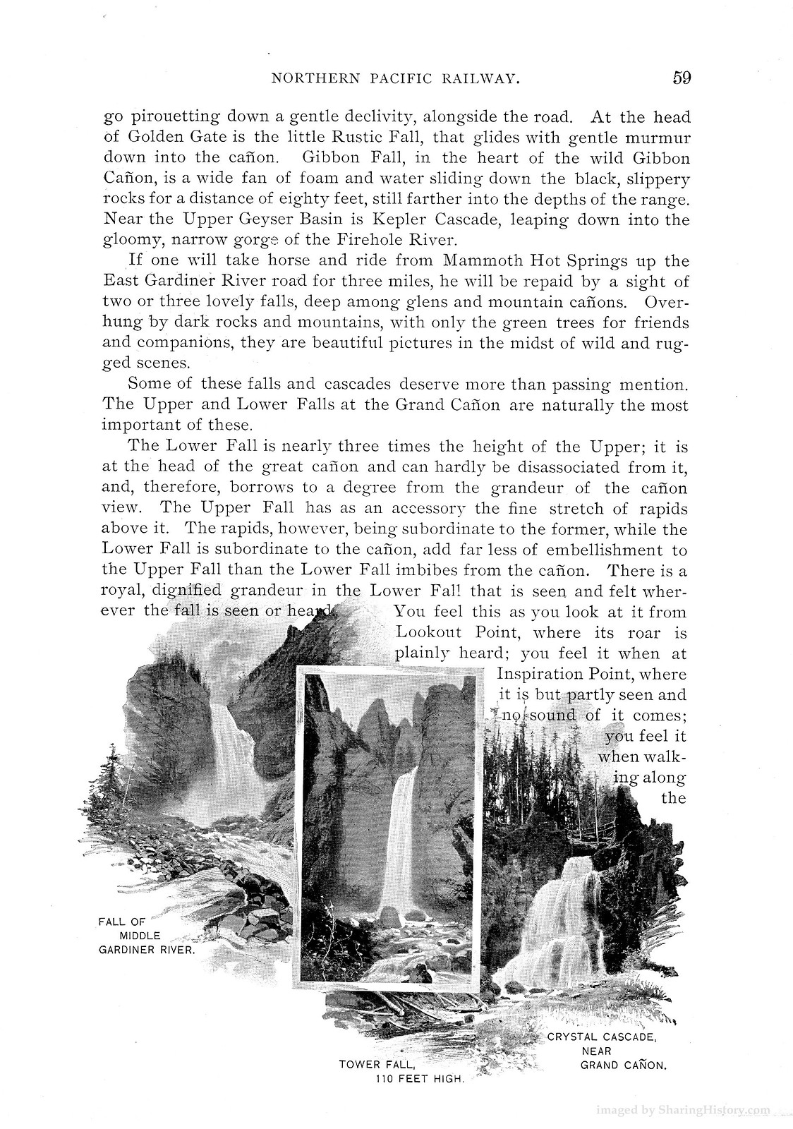 Page 59 of Northern Pacific Railway book with waterfall engravings — antique engraving