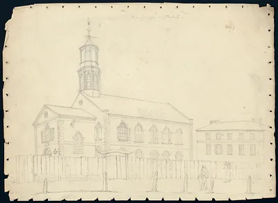 Pencil drawing of a synagogue with tower, Charleston
