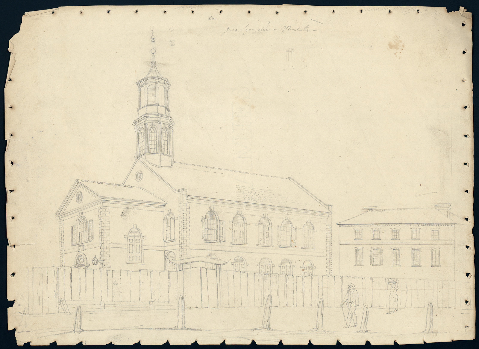 Pencil drawing of a synagogue with tower, Charleston — historic drawing