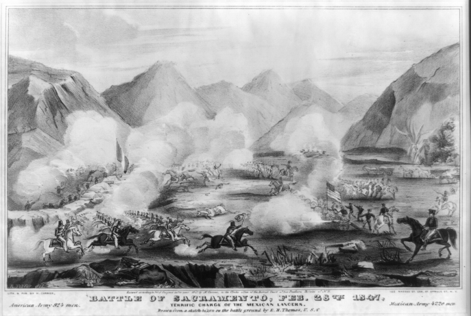 Battle of Sacramento, Feb. 28th 1847: terrific charge of the Mexican lancers, [New York] : N. Currier, 1847. — antique lithograph
