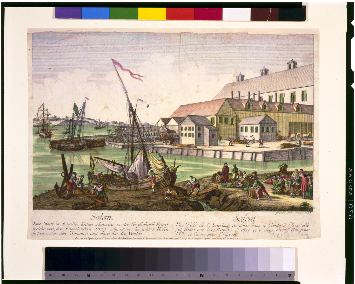 Vuë de Salem. Salem - eine stadt in Engelländischen America, in der Grafschafft Essex, ... Salem - une ville de l'Amerique Angloise dans le Comte d'Essex, ... / gravé par Balth. Frederic Leizelt. — historic print