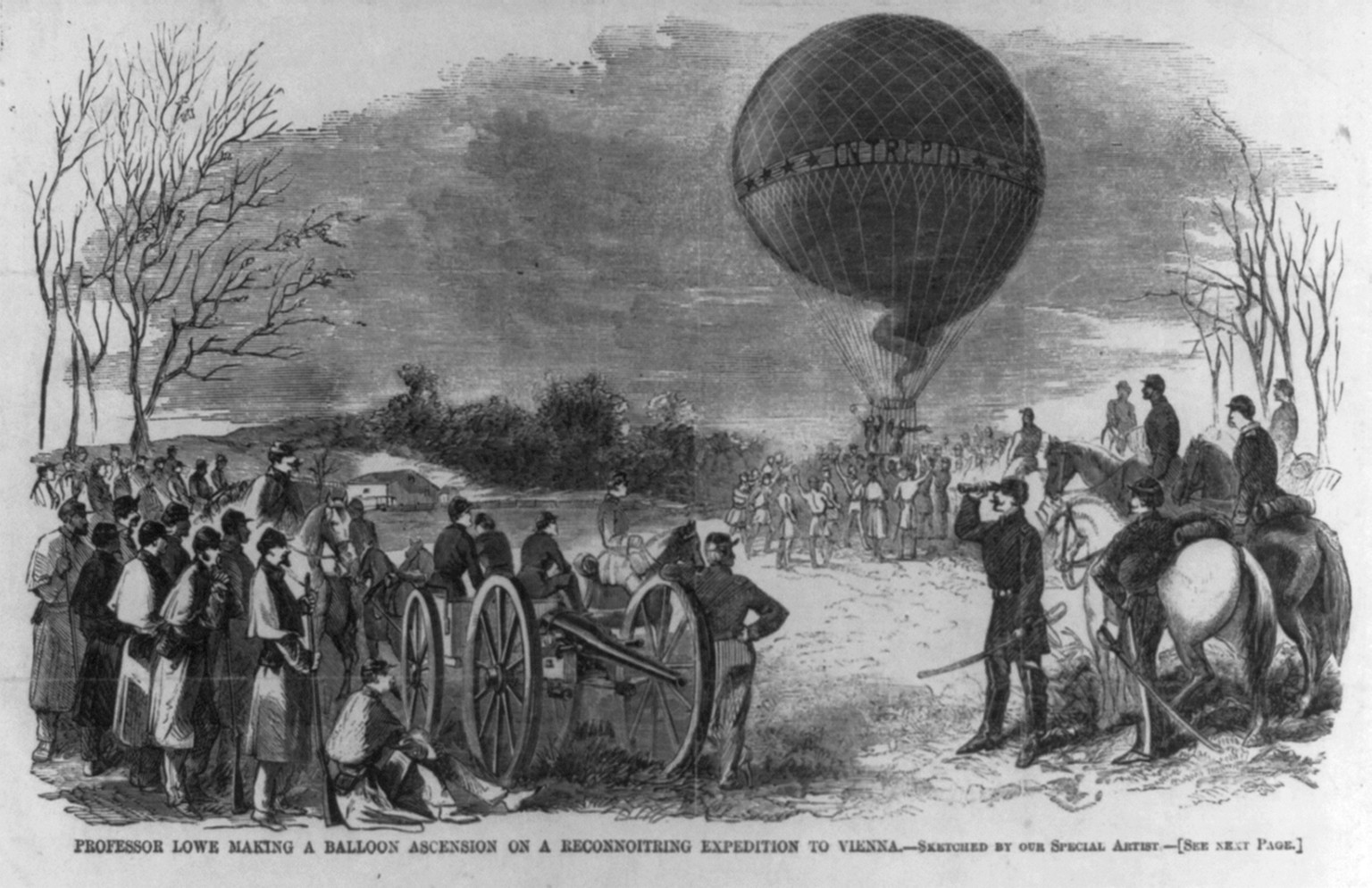 Prof. T. Lowe making a balloon ascension on a reconnoitring expedition to Vienna, Va., 1861 — antique engraving
