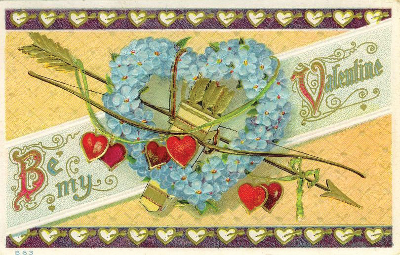 Be My Valentine postcard with forget-me-not heart wreath — vintage postcard