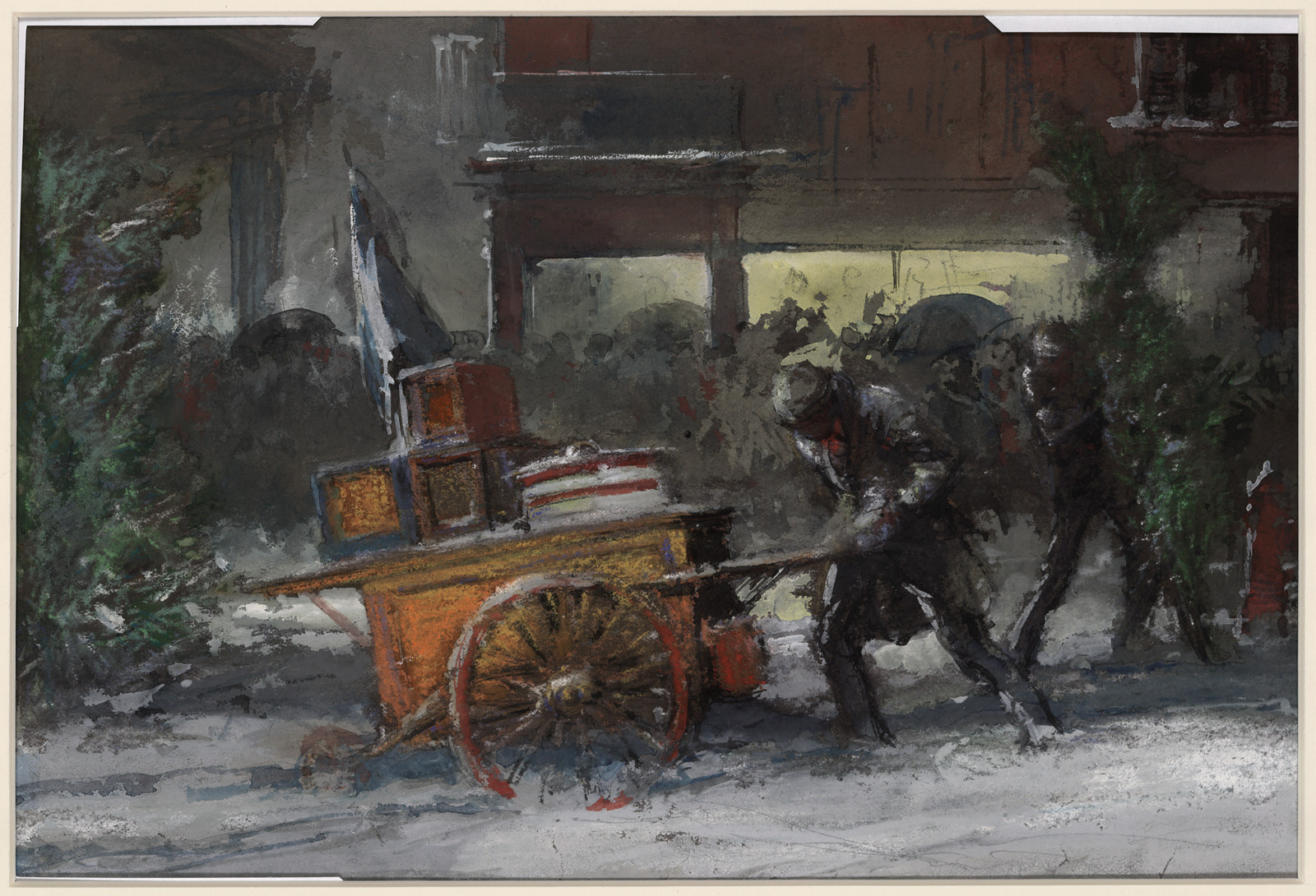 Man pushing handcart of parcels on snowy street — historic image