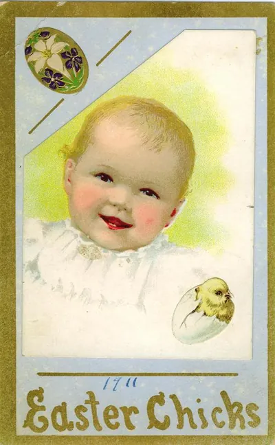 Easter Chicks greeting card with smiling baby and chick