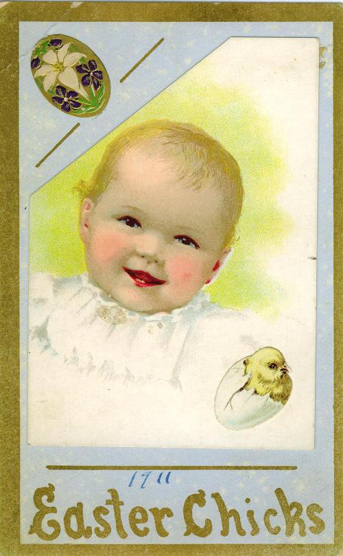 Easter Chicks greeting card with smiling baby and chick — historic image