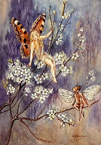 Two fairies with a blossoming branch, watercolour painting