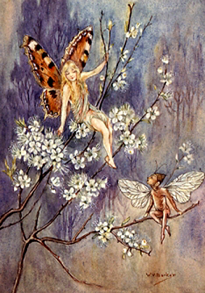 Two fairies with a blossoming branch, watercolour painting — historic image
