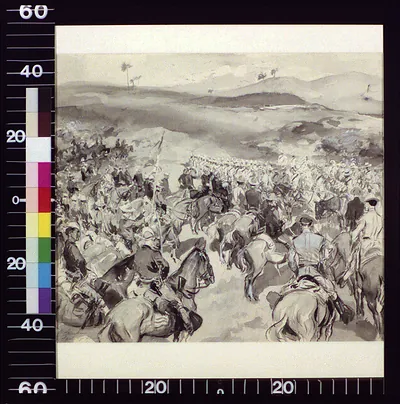 Mounted troops advancing through a palm-dotted hillside landscape, wash drawing