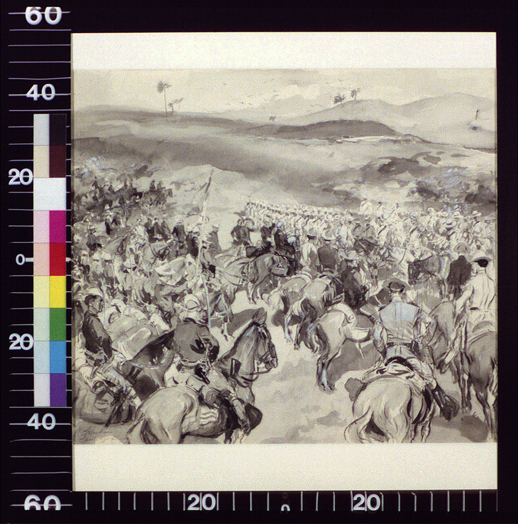 Mounted troops advancing through a palm-dotted hillside landscape, wash drawing — historic drawing