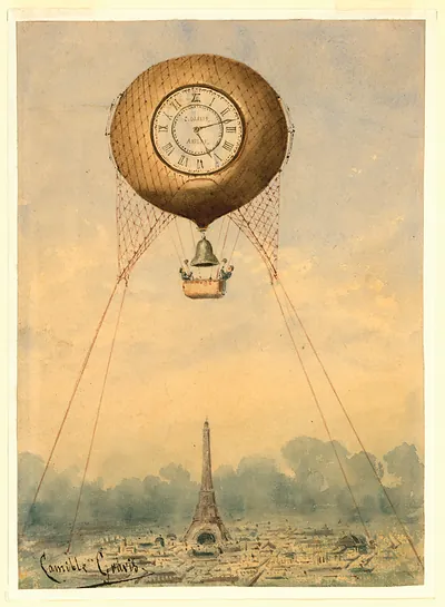 Captive balloon with clock above the Eiffel Tower