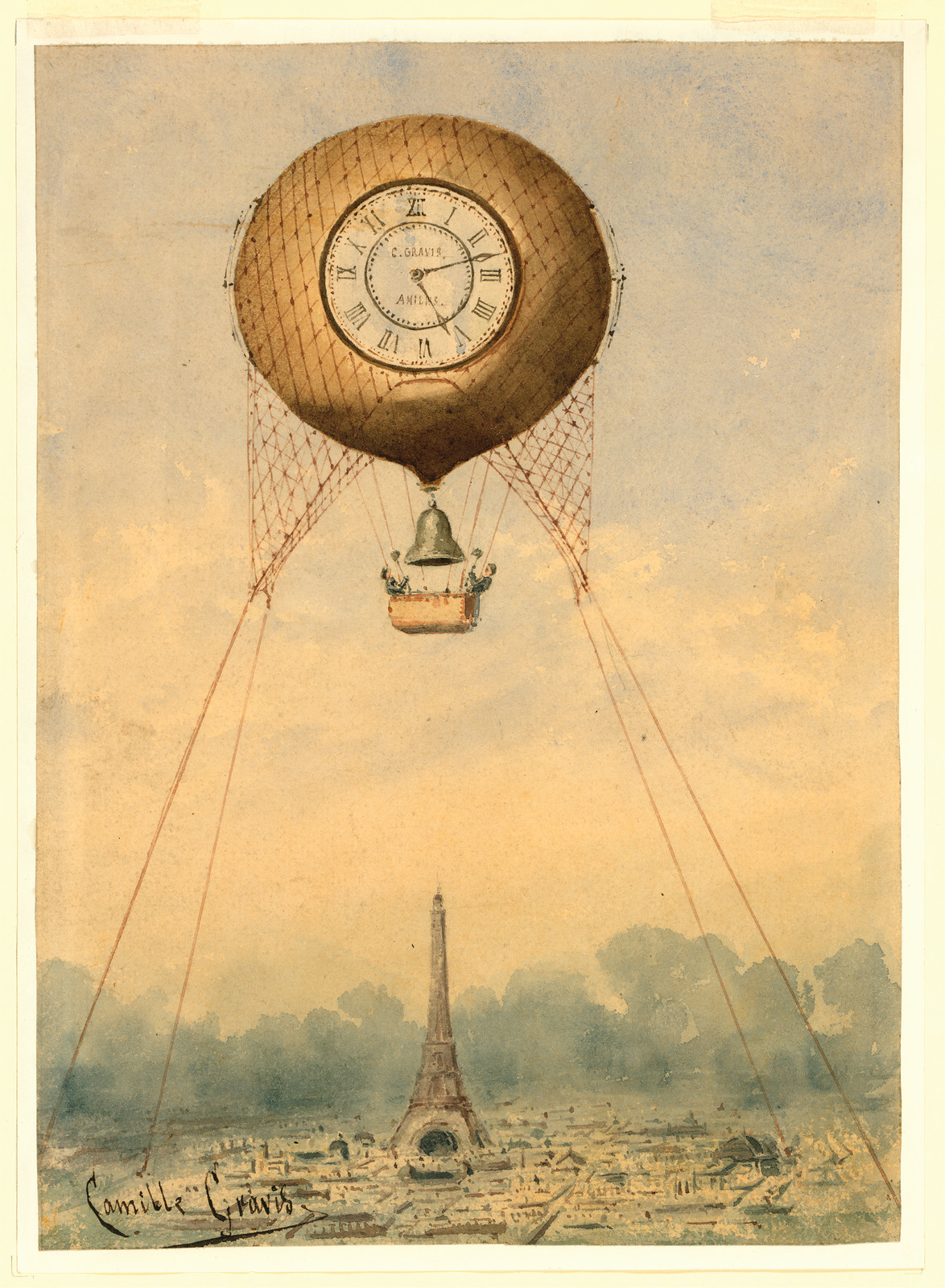 Captive balloon with clock above the Eiffel Tower — historic image