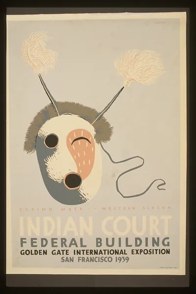 Indian court, Federal Building, Golden Gate International Exposition, San Francisco, 1939 Eskimo mask, western Alaska/ Siegriest.