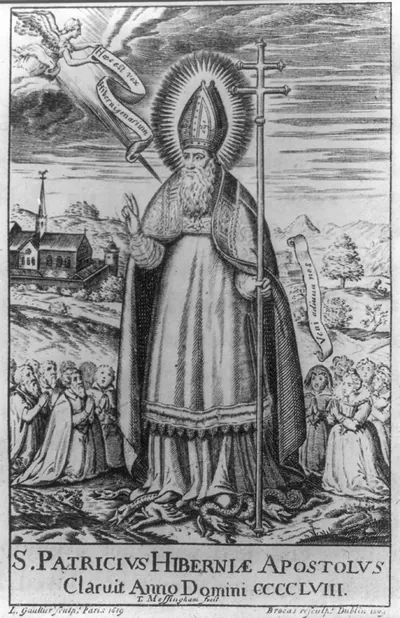 [St. Patrick driving snakes out of Ireland]