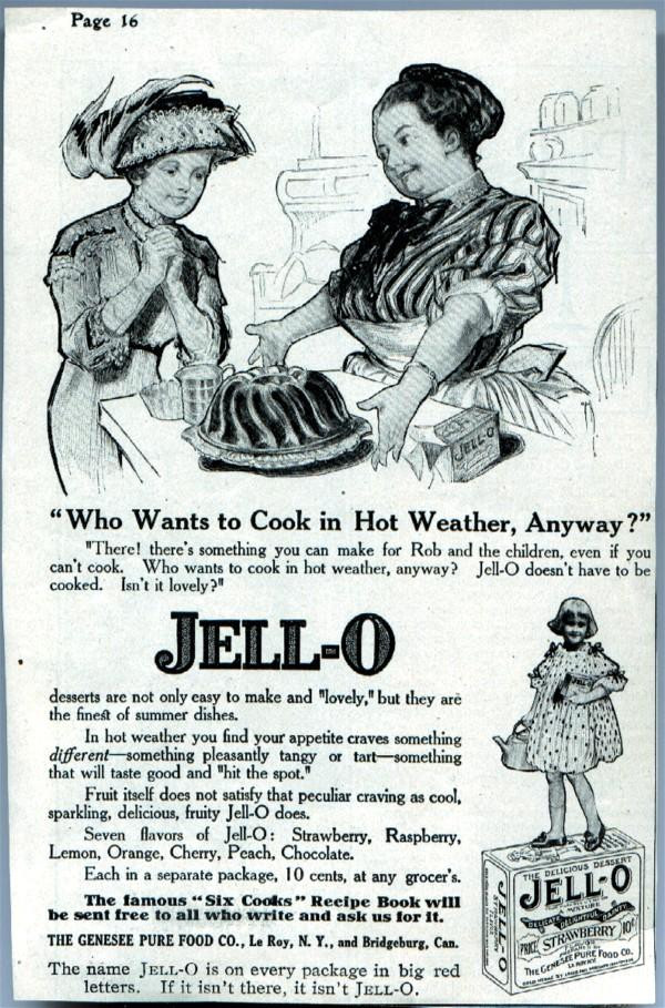 Jell-O magazine advertisement, 'Who Wants to Cook in Hot Weather, Anyway?' — historic image