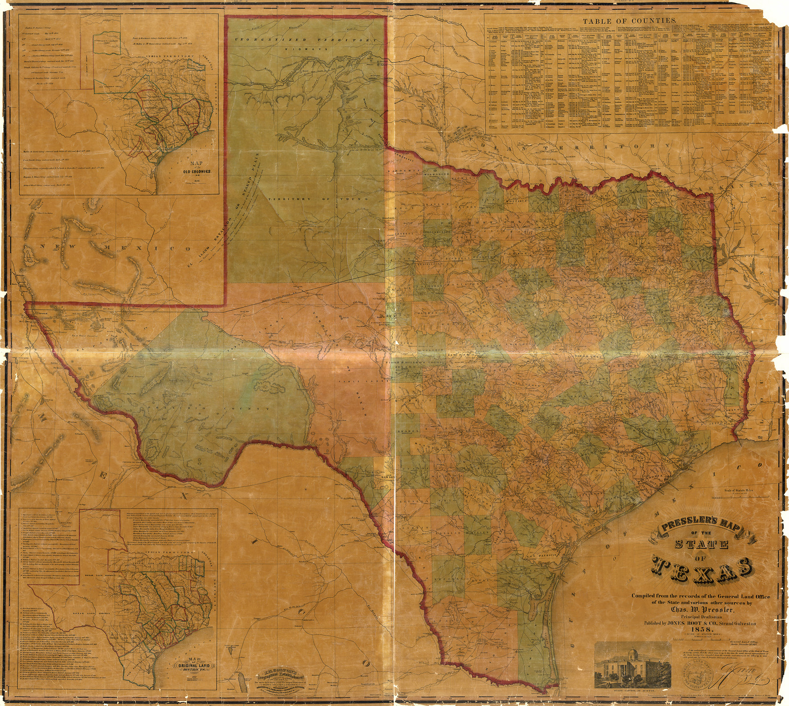 ORIGINAL - Presslers map of the state of Texas 1857, Texas — antique map