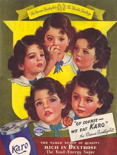 Karo table syrup advertisement featuring the Dionne Quintuplets