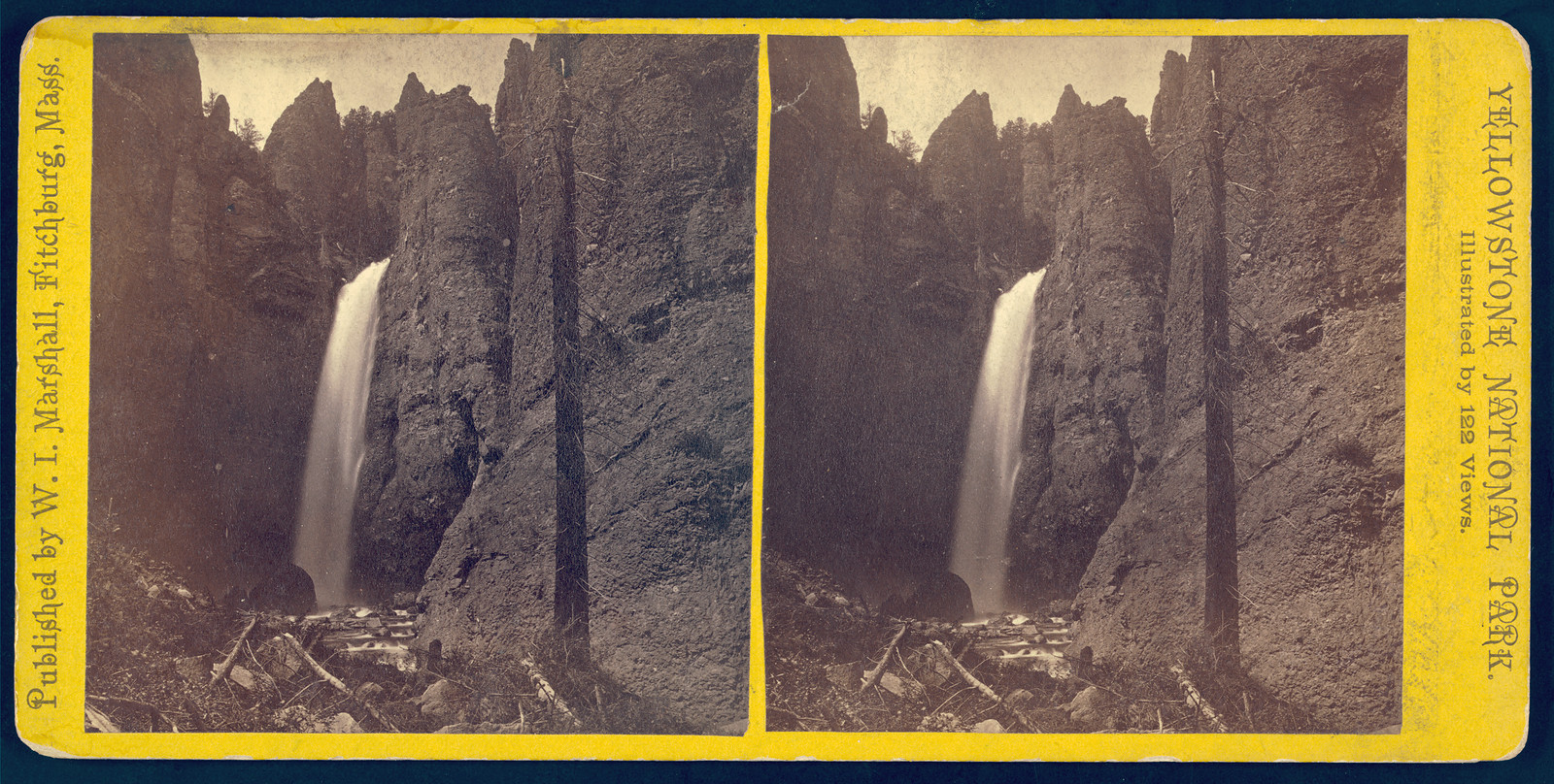 Waterfall between rock cliffs, Yellowstone National Park stereoview — stereograph