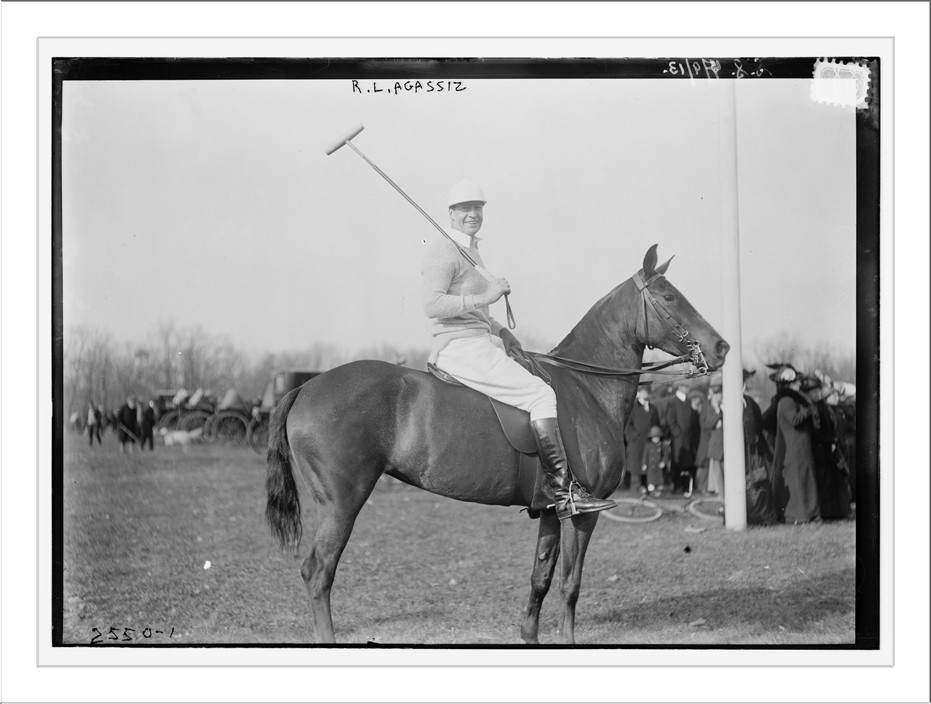 R.L. Agassiz on horse - polo, n/a — historic photograph