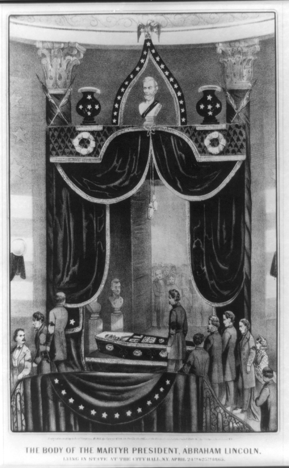 The body of the Martyr President, Abraham Lincoln: Lying in State at the city hall, N.Y. April 24th & 25th 1865, [New York] : Currier & Ives, 1865. — antique lithograph