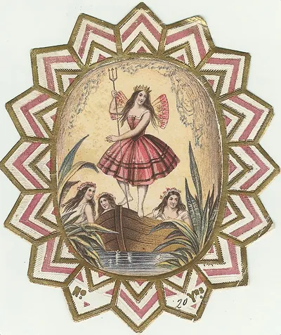 Winged fairy queen with trident above maidens in a boat