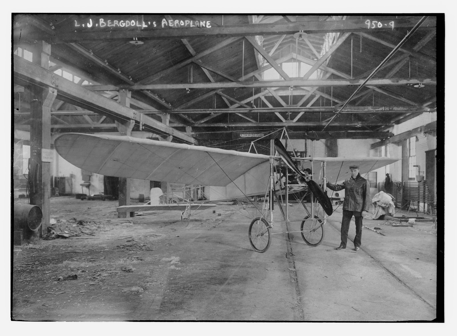 L.G. Bergdoll's aeroplane in hangar, n/a — historic photograph
