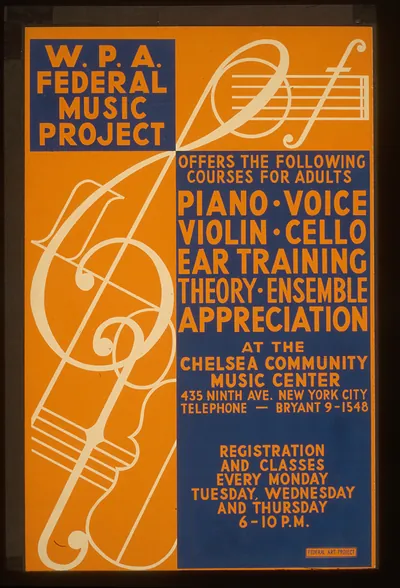 W.P.A. Federal Music Project offers the following courses for adults - piano voice vi