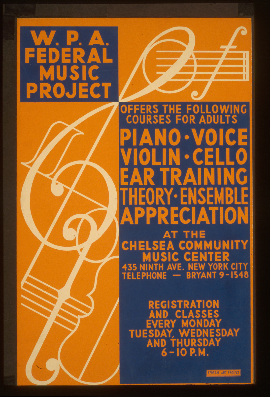 W.P.A. Federal Music Project offers the following courses for adults - piano voice vi, 1936 — vintage poster
