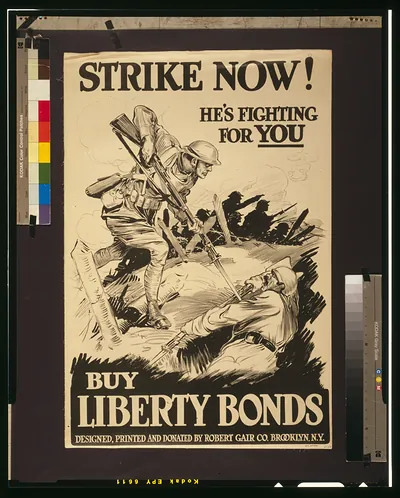 Strike now!--He's fighting for you--Buy Liberty Bonds / Designed, printed, and donated by Robert Gair Co., Brooklyn, N.Y.