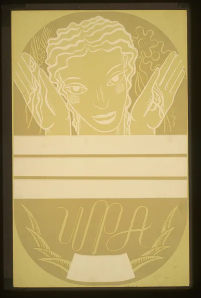 [WPA poster design showing the head and hands of a woman holding flowers and wheat ab