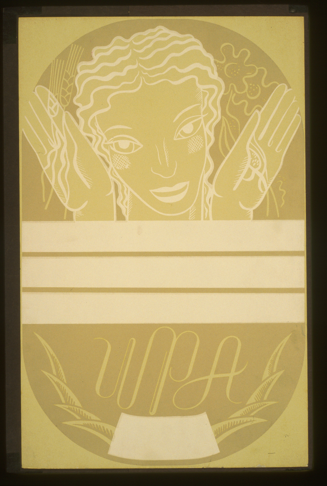 [WPA poster design showing the head and hands of a woman holding flowers and wheat ab, 1936 — vintage poster