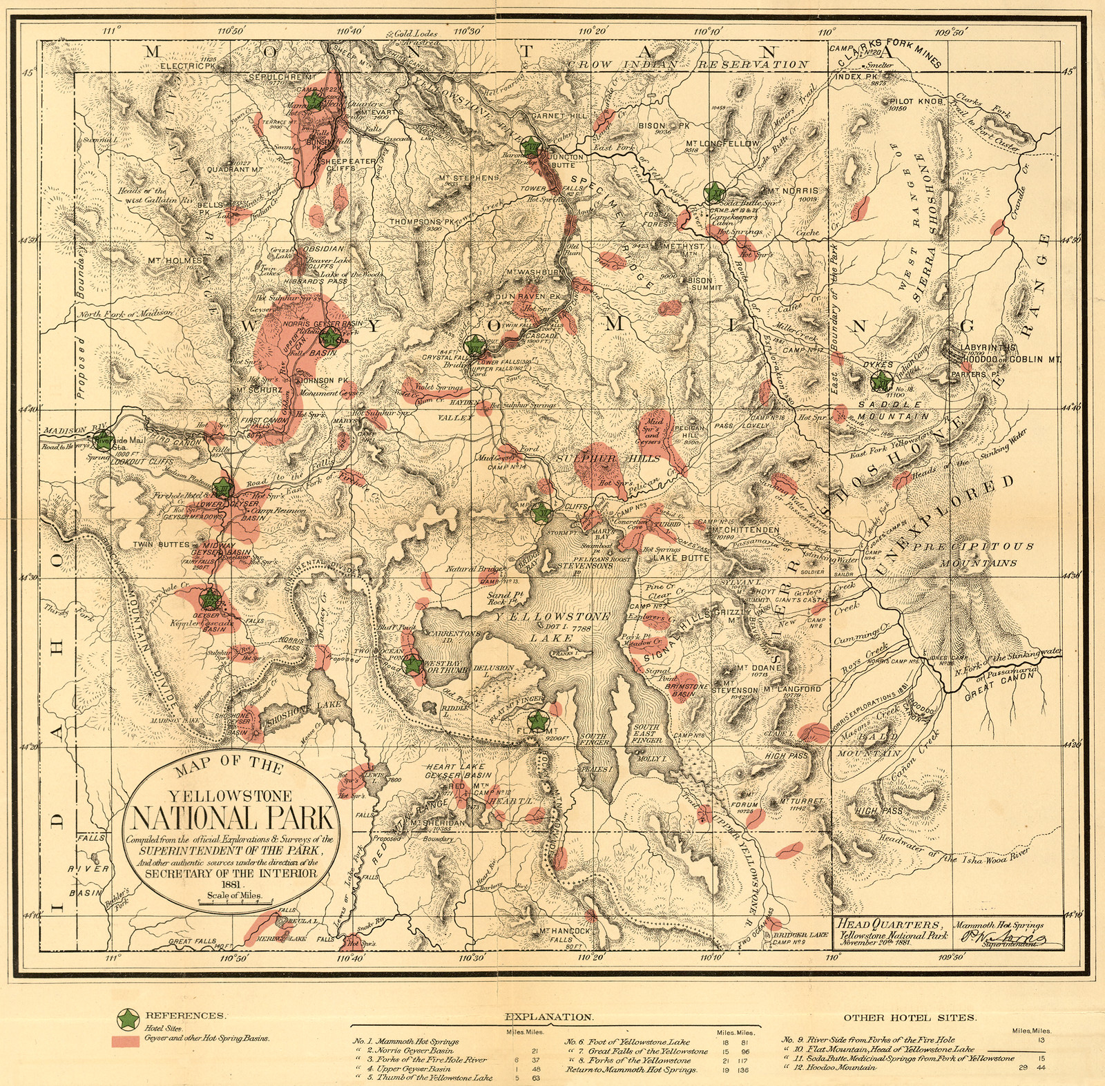 Map of the Yellowstone National Park, 1881 — antique map