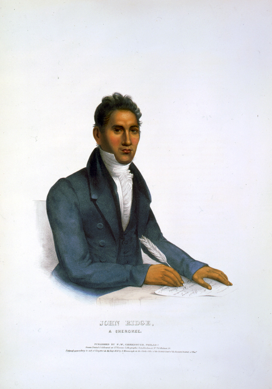 John Ridge, a Cherokee / drawn, printed & coloured at I.T. Bowen's Lithographic Establishment., Philada. : published by F.W. Greenough, c1838. — antique lithograph