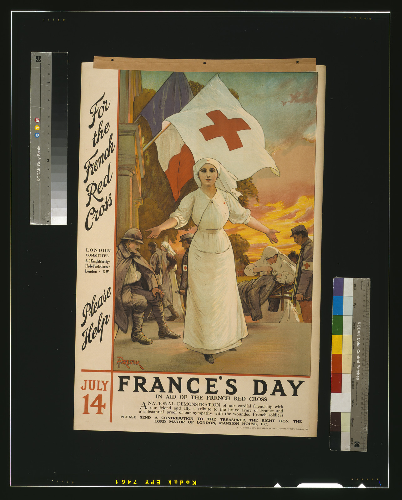 For the French Red Cross. Please help. July 14. France's day, in aid of the French Red Cross / Forestier ; W.H. Smith & Son, The Arden Press, Stamford Street, London, S.E., [S.l. : s.n., 1915] — vintage poster