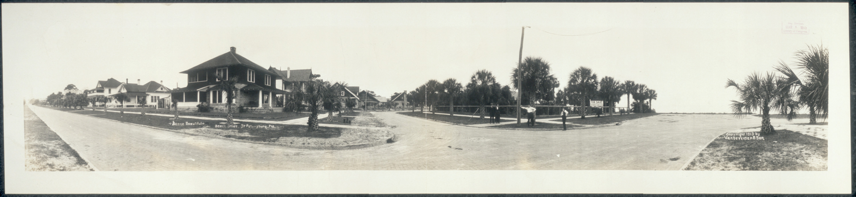 Panoramic street scene with bungalows and palm trees — historic image