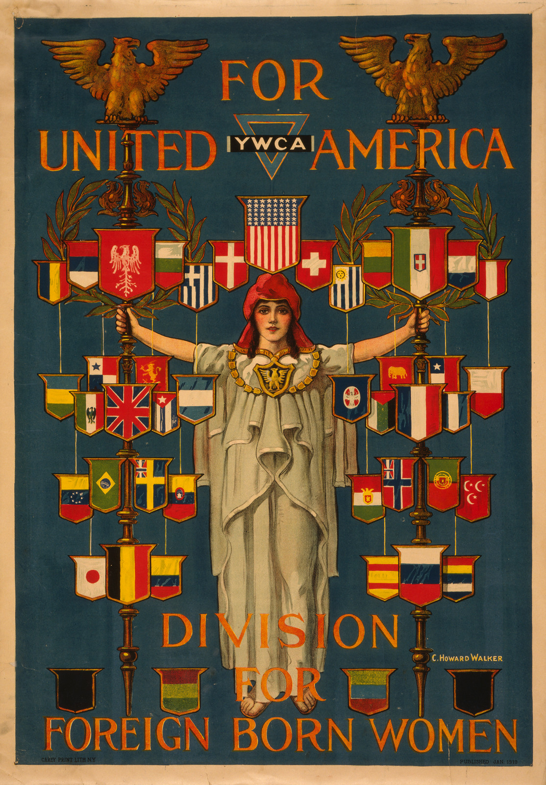 For united America, YWCA division for foreign born women / C. Howard Walker ; Carey Print Lith. N.Y., [S.l.] : YWCA, 1919 Jan. — vintage poster