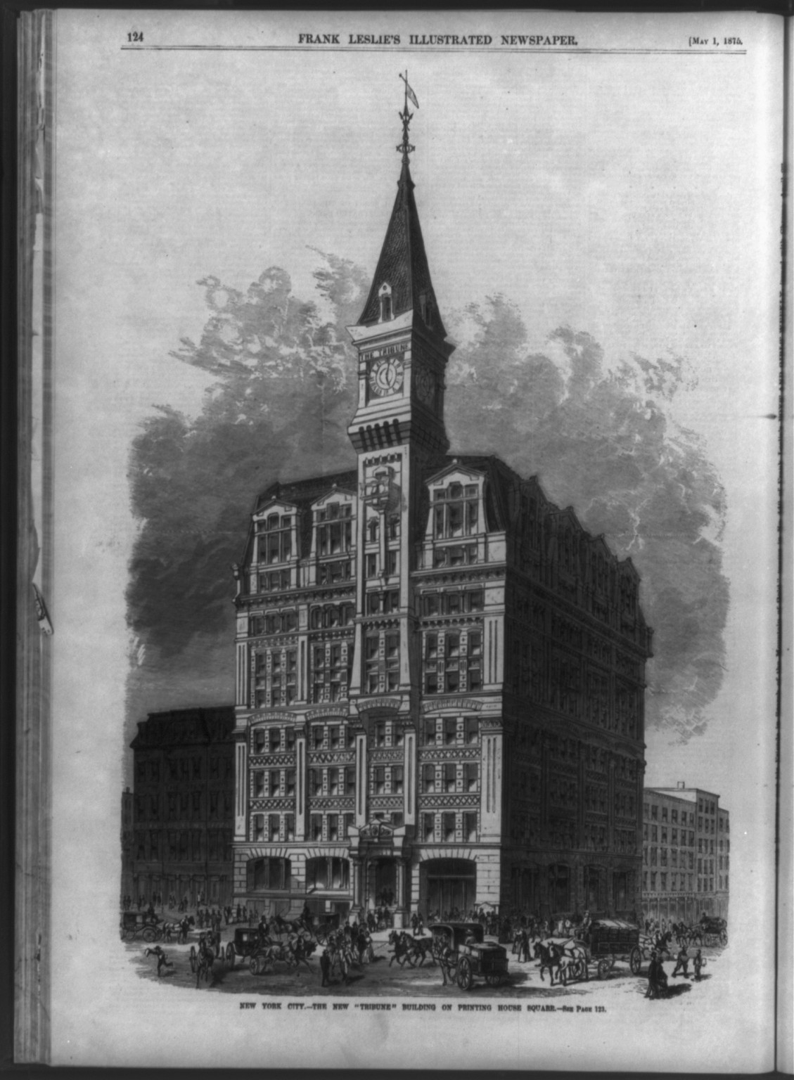 New York City - the New Tribune" Building on Printing House Square", 1875 — antique engraving