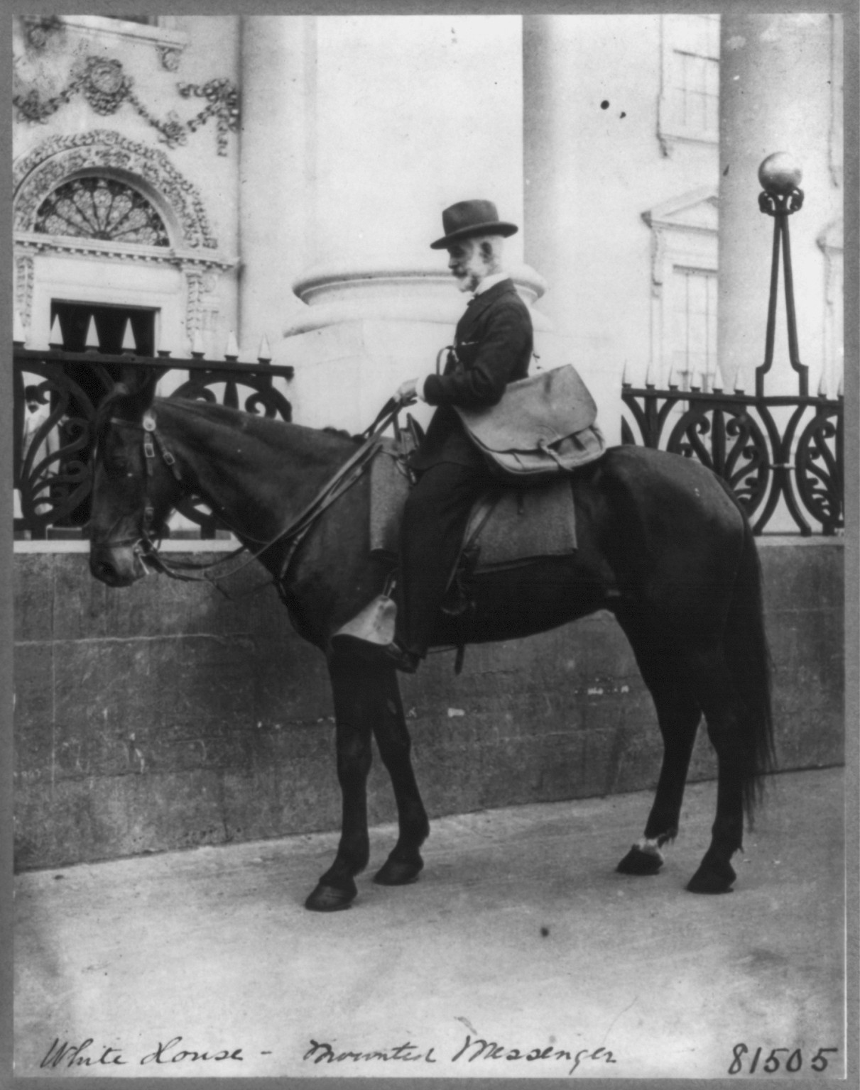 [A messenger (Beckley) on horseback in front of the White House], [no date recorded on caption card] — historic photograph